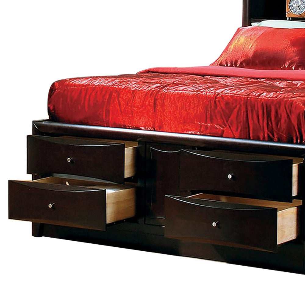 Wooden Queen Size bed with 10 Drawers and 2 Open Shelves Dark Brown By Casagear Home BM205485