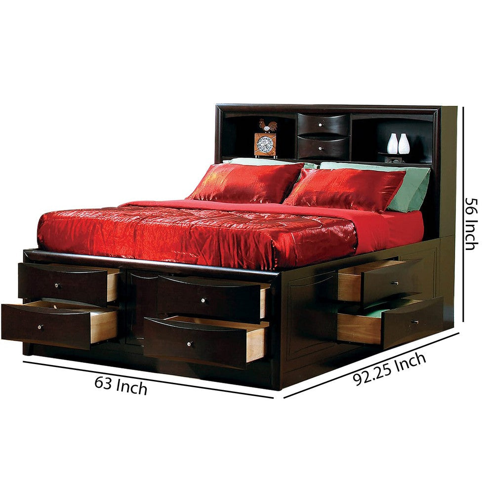 Wooden Queen Size bed with 10 Drawers and 2 Open Shelves Dark Brown By Casagear Home BM205485