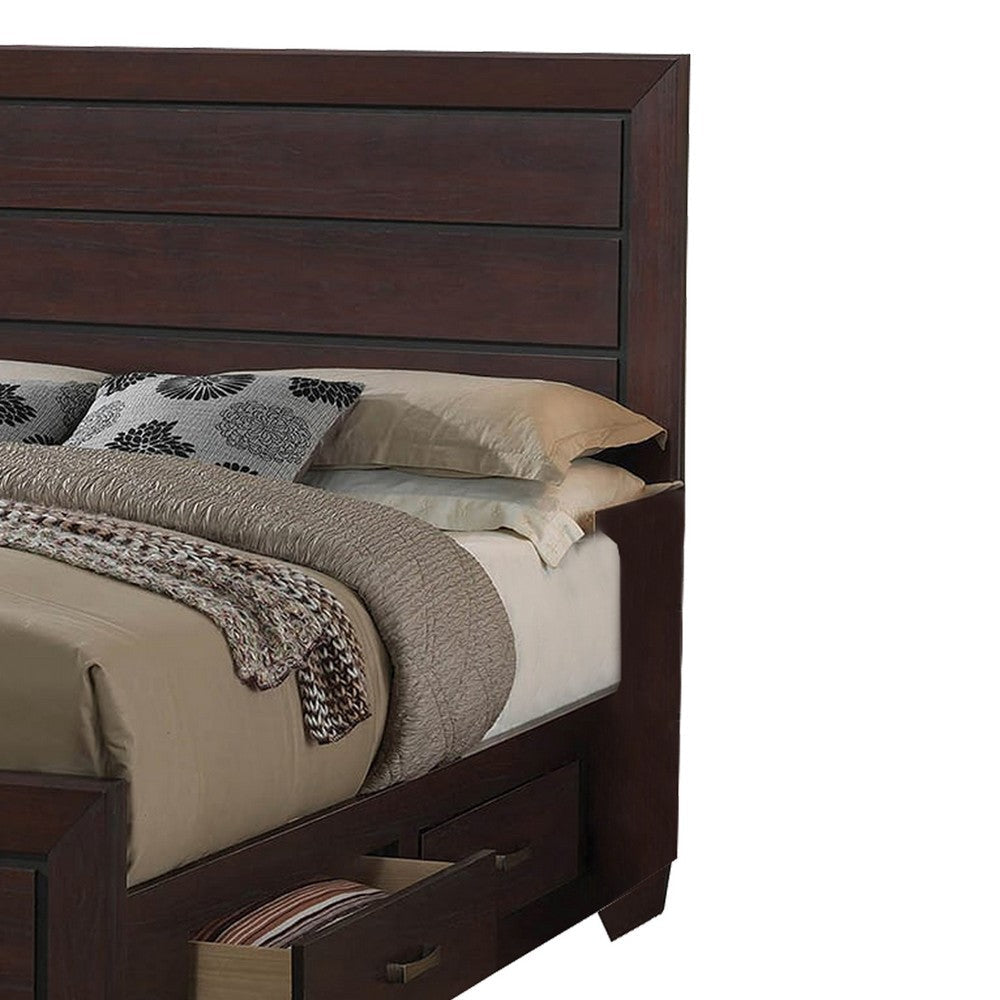 Wooden Queen Size Bed with 4 Spacious Side Rail Drawers Dark Brown By Casagear Home BM205523