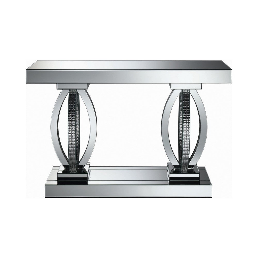 Mirrored Wooden Sofa Table with Curved Base and 1 Open Shelf Silver By Casagear Home BM205531