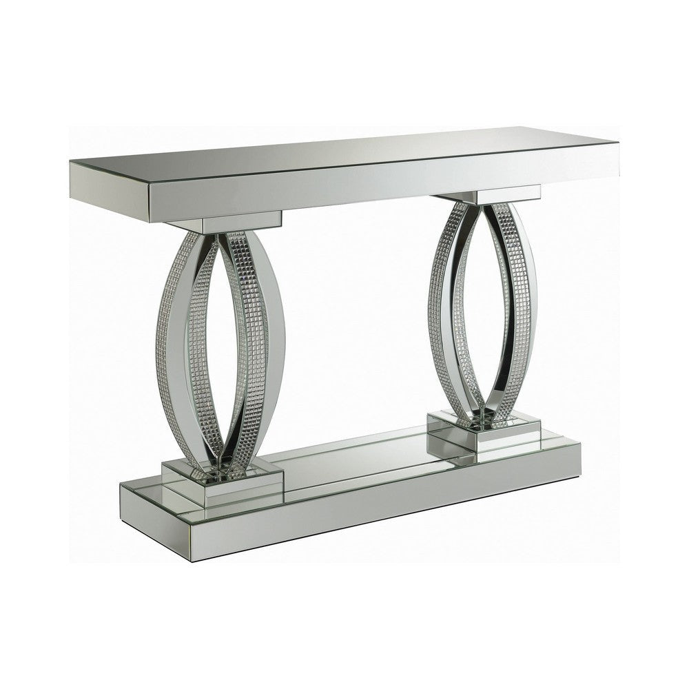 Mirrored Wooden Sofa Table with Curved Base and 1 Open Shelf, Silver By Casagear Home