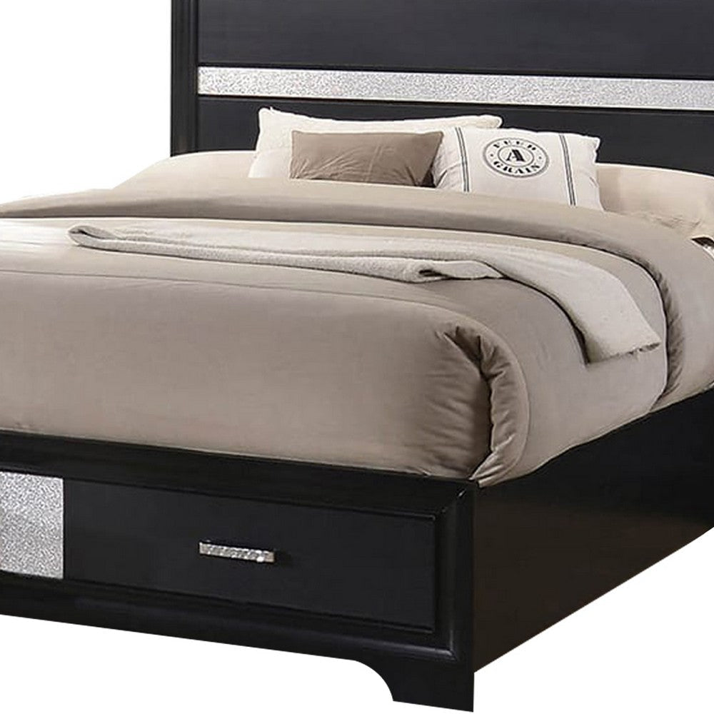 Wooden California King Size Bed with 2 Storage Drawers Black and Silver By Casagear Home BM205532