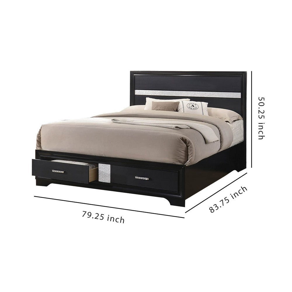 Wooden California King Size Bed with 2 Storage Drawers Black and Silver By Casagear Home BM205532