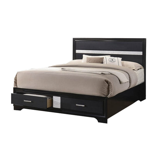 Wooden California King Size Bed with 2 Storage Drawers, Black and Silver By Casagear Home