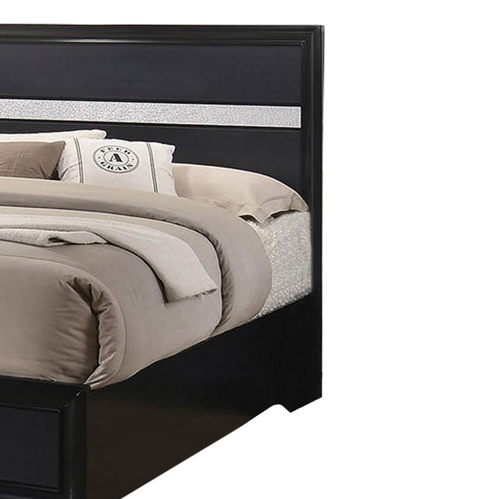 Wooden Eastern King Size Bed with 2 Storage Drawers Black and Silver By Casagear Home BM205533