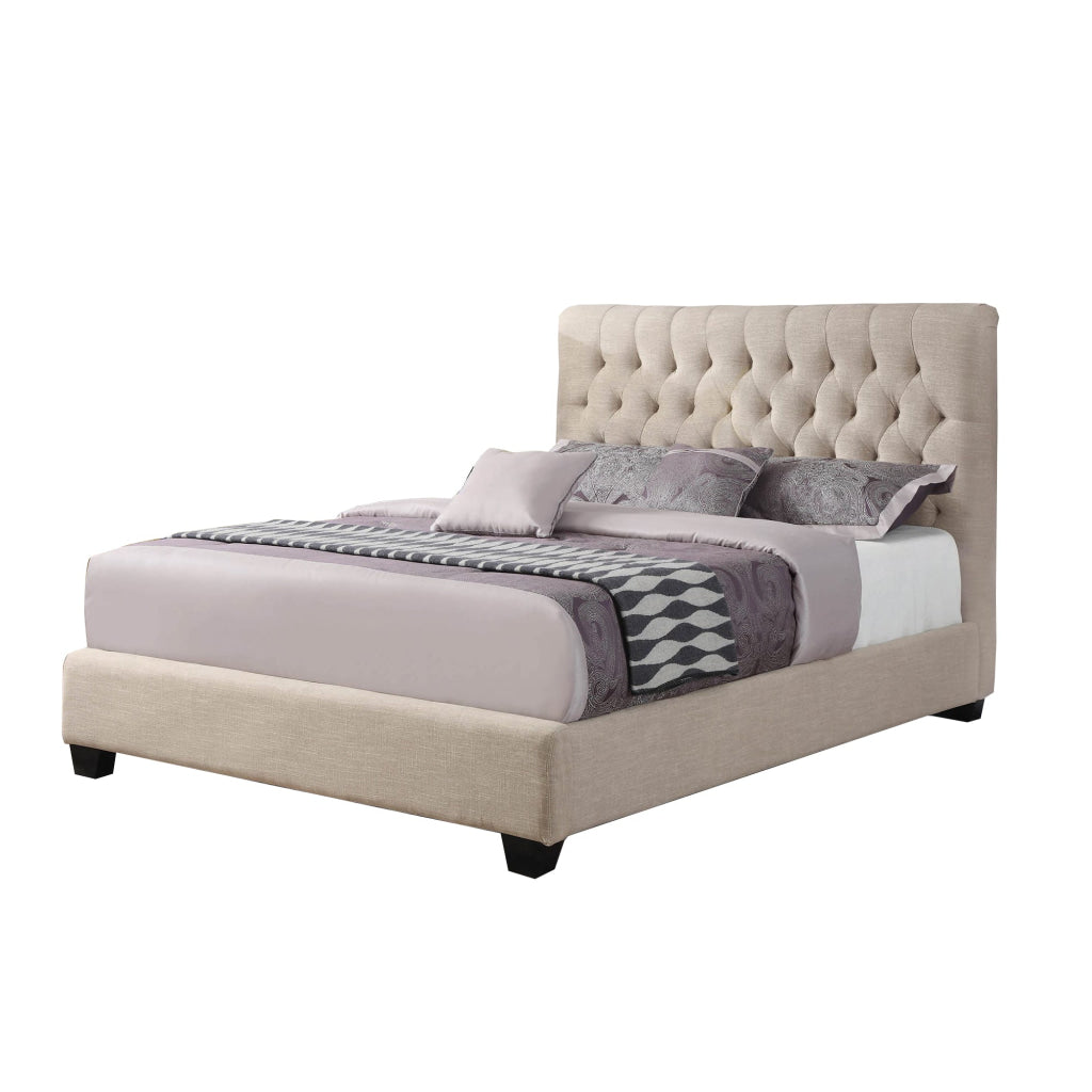 Wooden Queen Size Platform Bed with Deep Button Tufted Headboard, Beige By Casagear Home