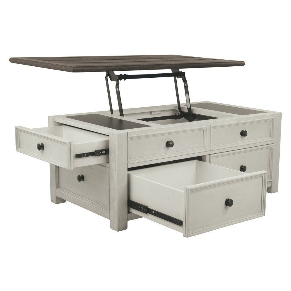 Cocktail Table With Spring Lift Top and Multiple Drawers Brown and White By Casagear Home BM206155