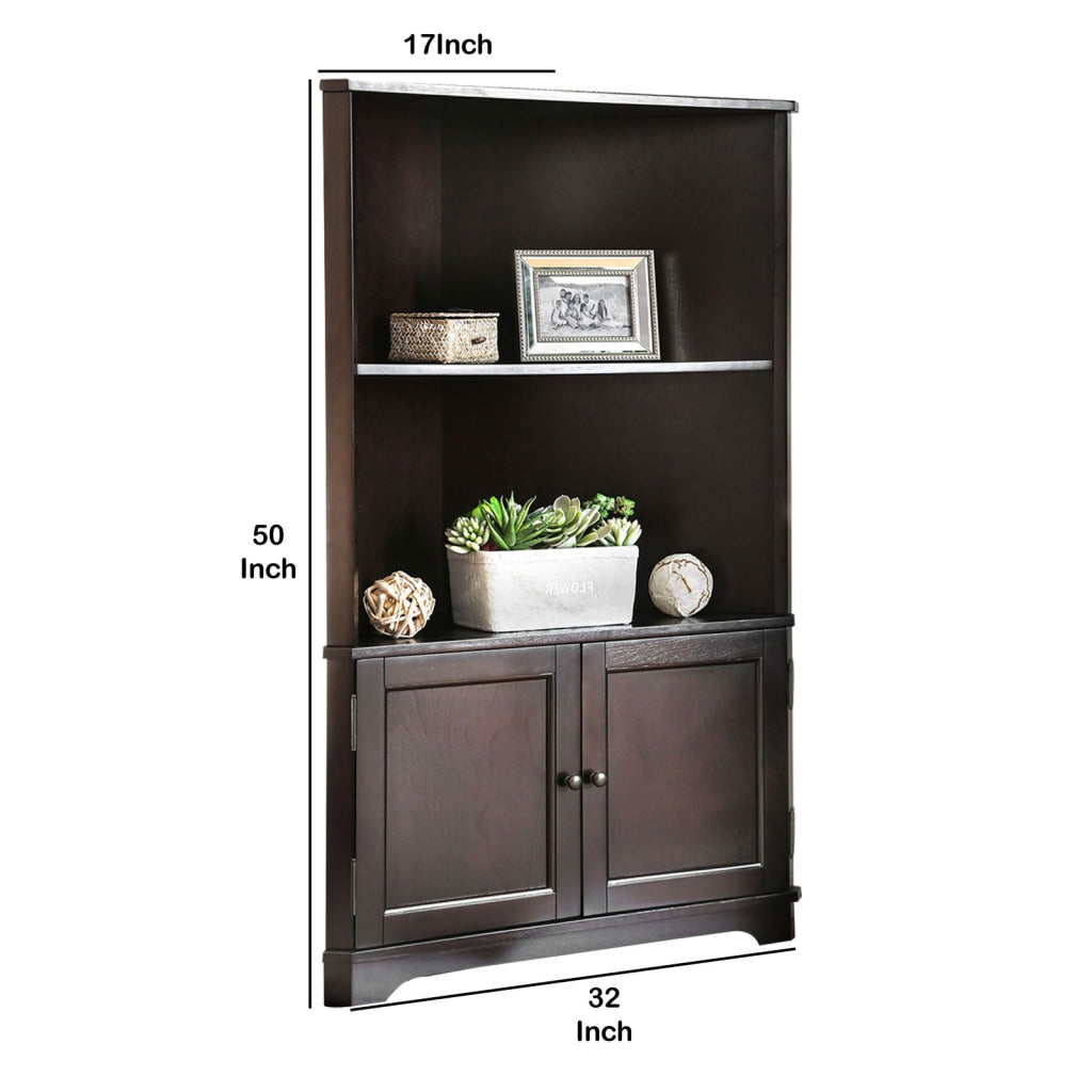 50’ Corner Wooden Bookshelf with 2 Door Cabinet Brown By Casagear Home BM206244