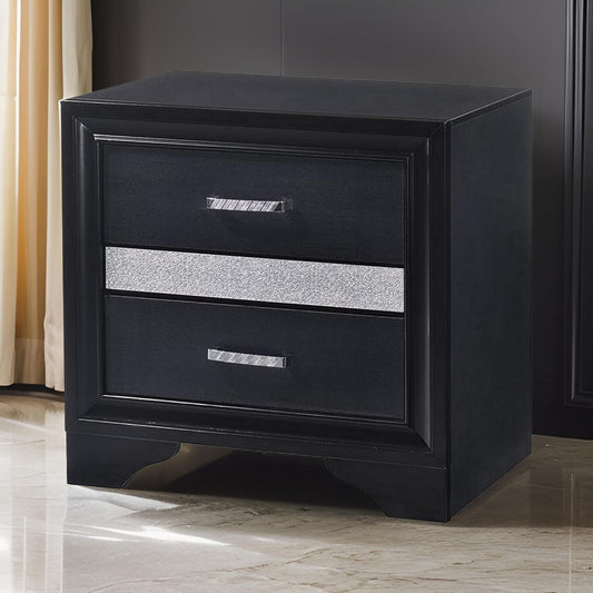 Nightstand with 2 Drawers and Rhinestone Pull Handles, Black and Silver By Casagear Home