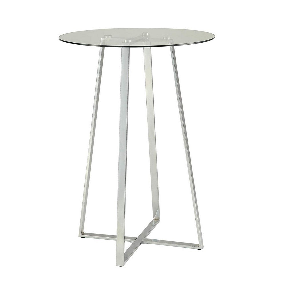 Round Glass Top Metal Frame Bar Table with Angled Legs, Silver and Clear By Casagear Home