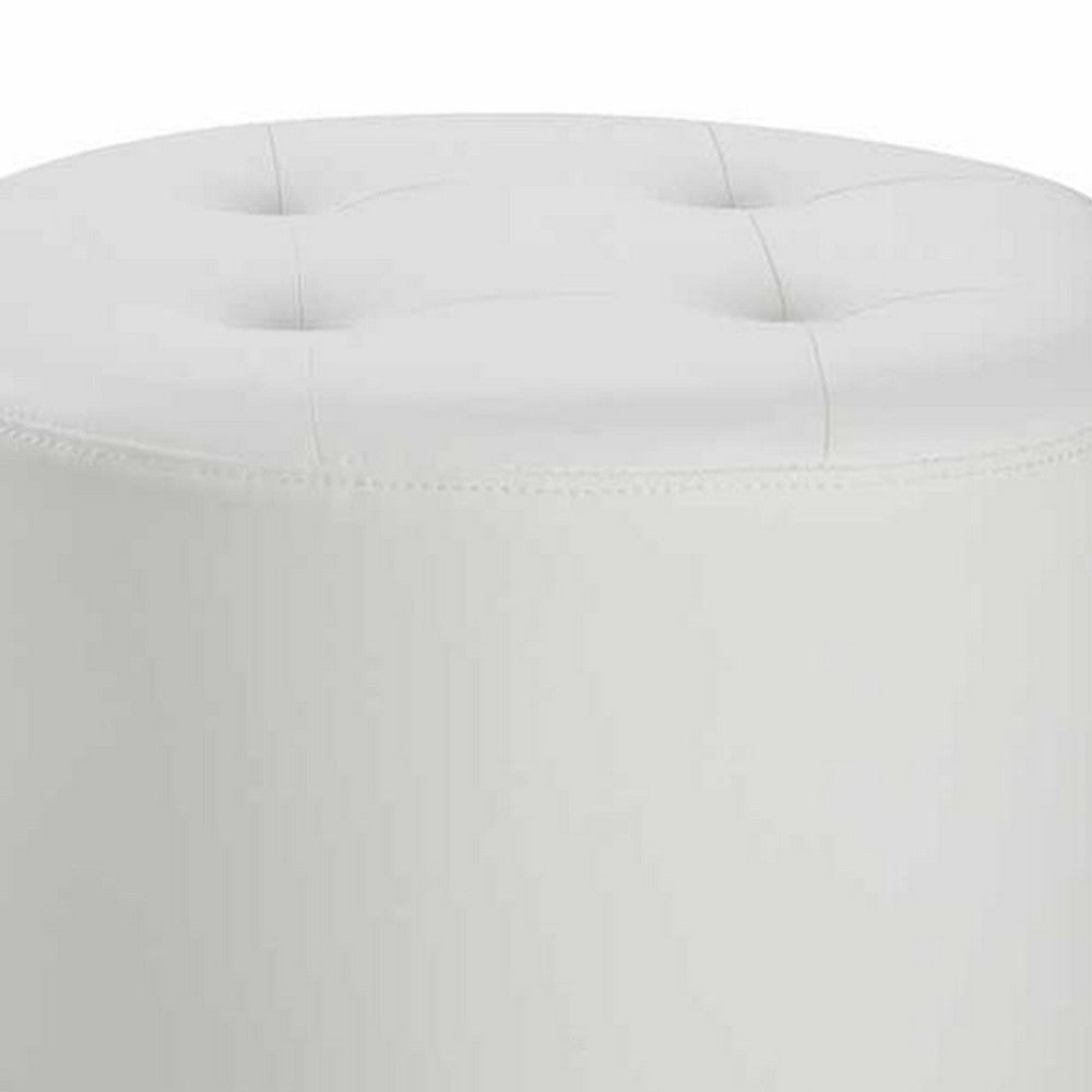 18 Inch Round Swivel Ottoman Vegan Faux Leather Tufted Seat White Chrome By Casagear Home BM206527