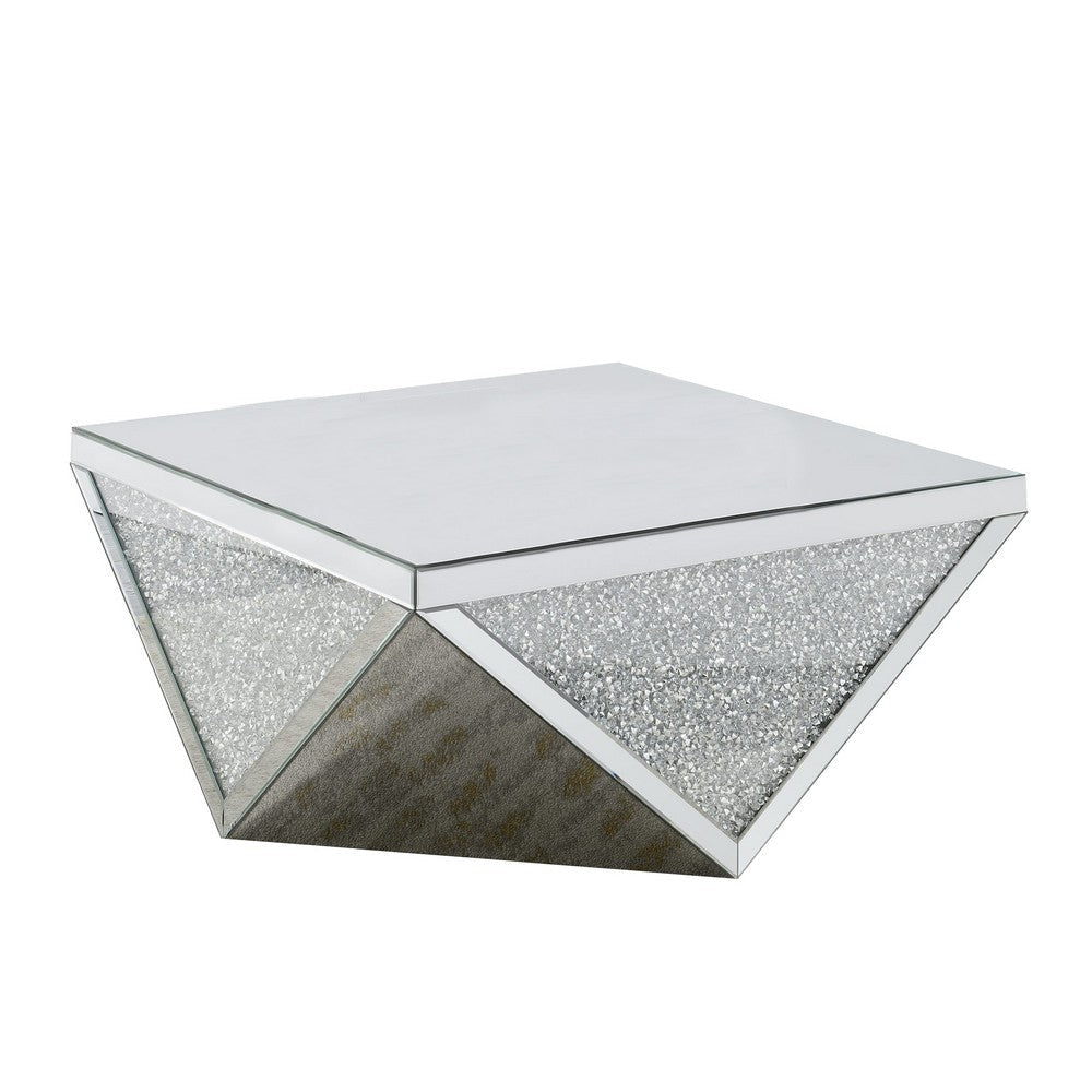 Wood and Mirror Coffee Table in Diamond Shape with Crystal Inserts, Silver By Casagear Home