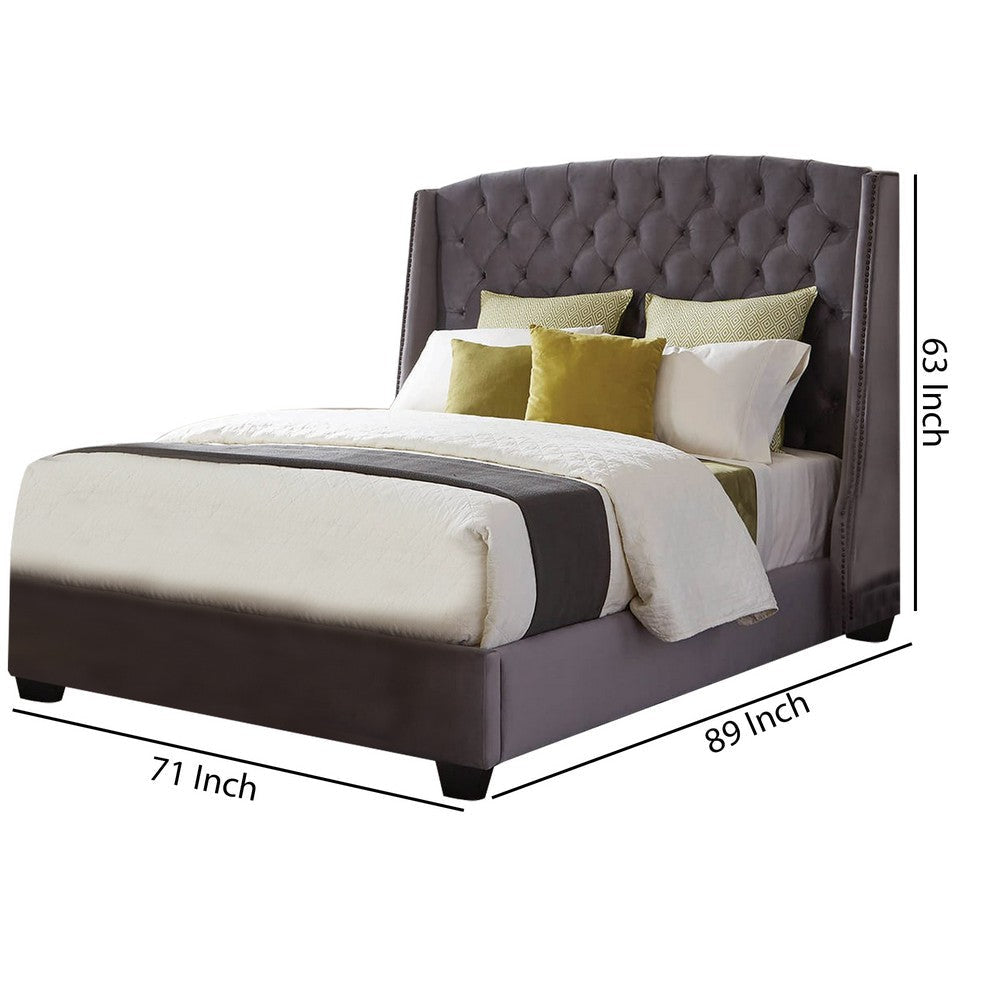 Fabric Upholstered Wooden Queen Size Bed with Winged Headboard Gray By Casagear Home BM206588