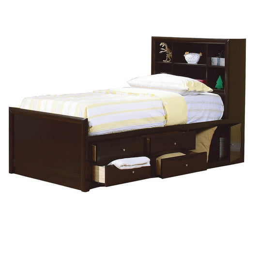 Wooden Full Size Bed with Bookcase Headboard and Storage Unit, Brown By Casagear Home