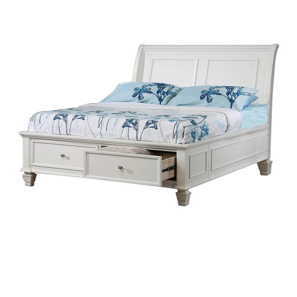 Wooden Full Size Bed with Sleigh Style Headboard and Two Drawers, White By Casagear Home