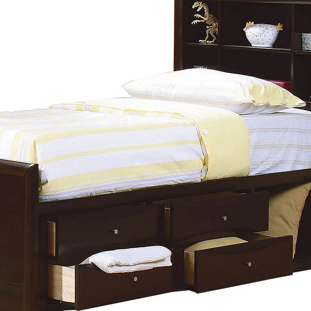 Wooden Twin Size Bed with Bookcase Headboard and Storage Unit Brown By Casagear Home BM206626