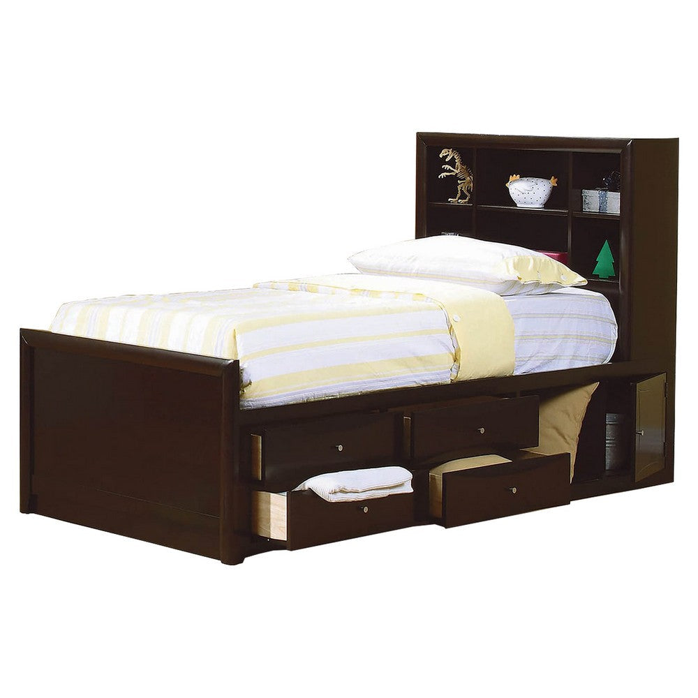 Wooden Twin Size Bed with Bookcase Headboard and Storage Unit, Brown By Casagear Home