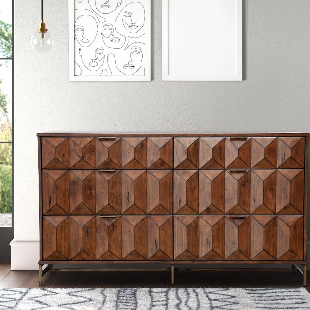 6 Drawer Dresser with Honeycomb Design and Metal Legs Brown By Casagear Home BM206681