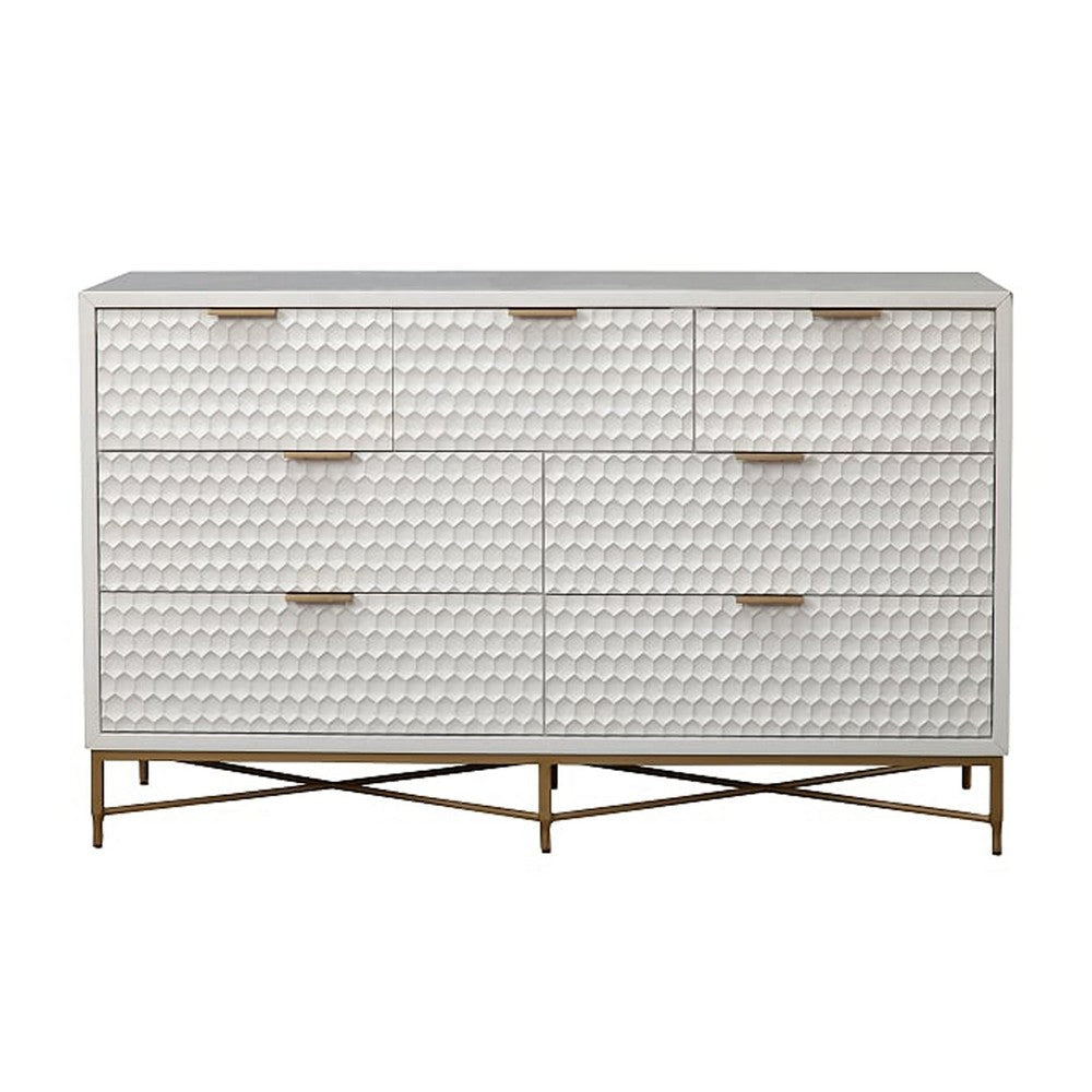 Honeycomb Design 7 Drawer Dresser with Metal Legs White By Casagear Home BM206686