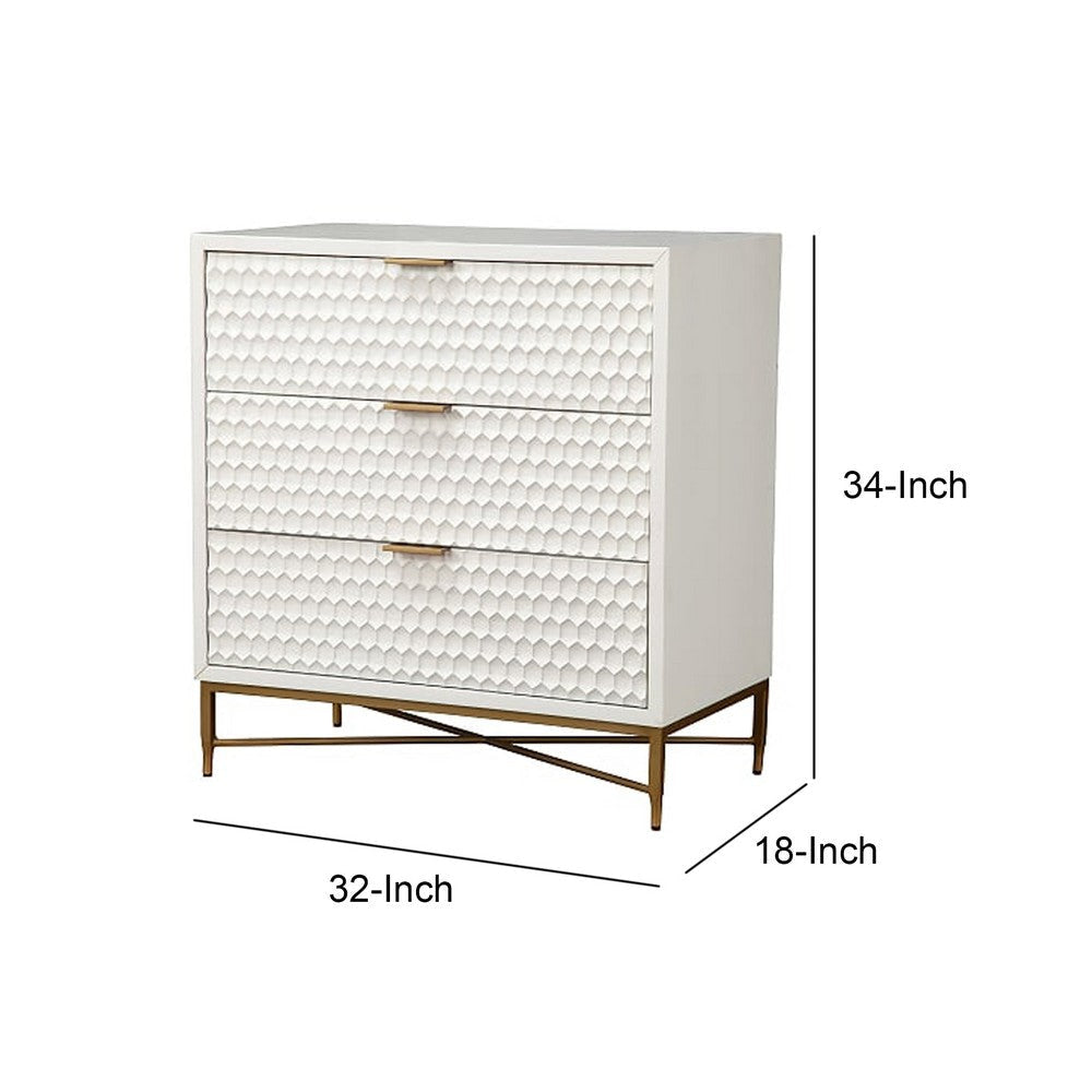 Honeycomb Design 3 Drawer Chest with Metal Legs Small White By Casagear Home BM206687