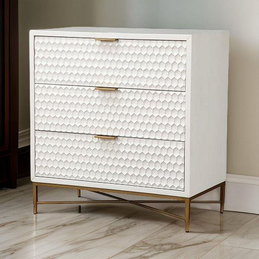 Honeycomb Design 3 Drawer Chest with Metal Legs, Small, White By Casagear Home