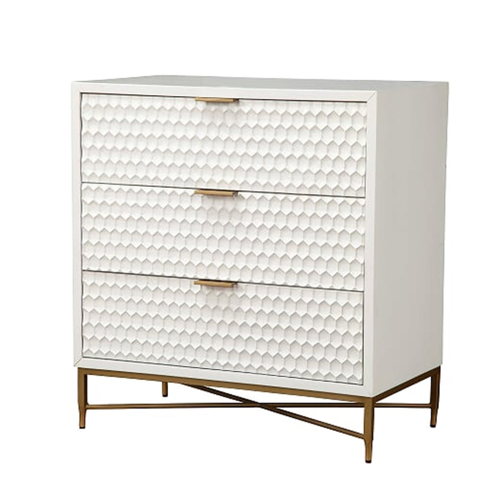 Honeycomb Design 3 Drawer Chest with Metal Legs, Small, White By Casagear Home