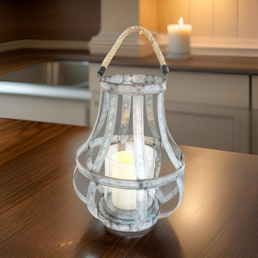 Transitional Metal Candle Holder with Rope and Glass Shade, Gray By Casagear Home