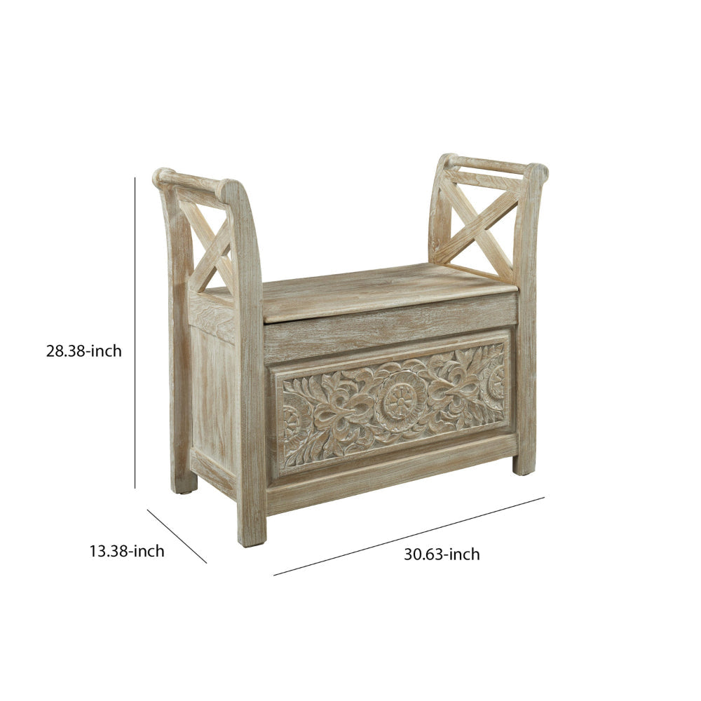 31’ Carved Front Bench with Hinged Storage Brown By Casagear Home BM207020