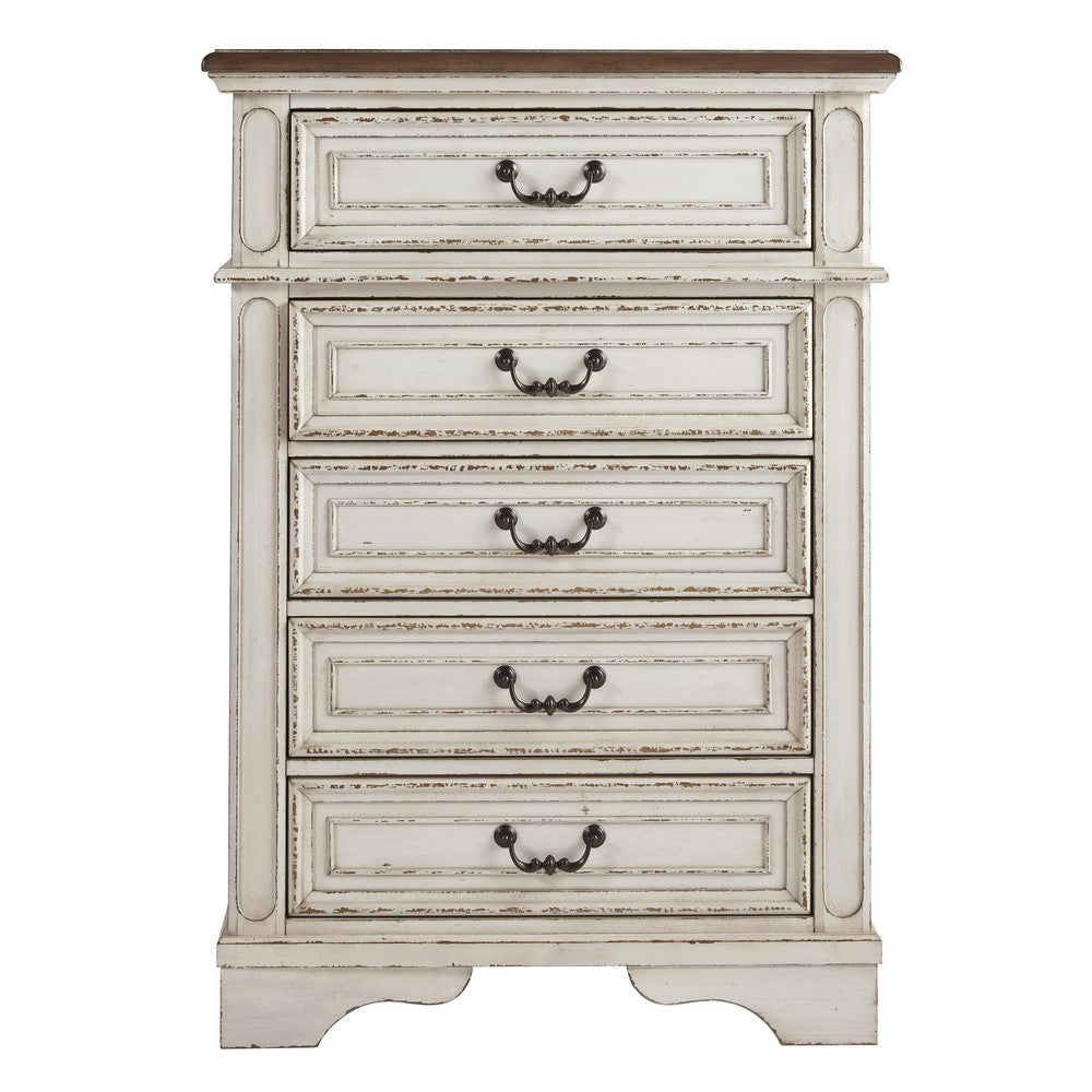 5 Drawer Wooden Chest with Bracket Legs Antique White By Casagear Home BM207025