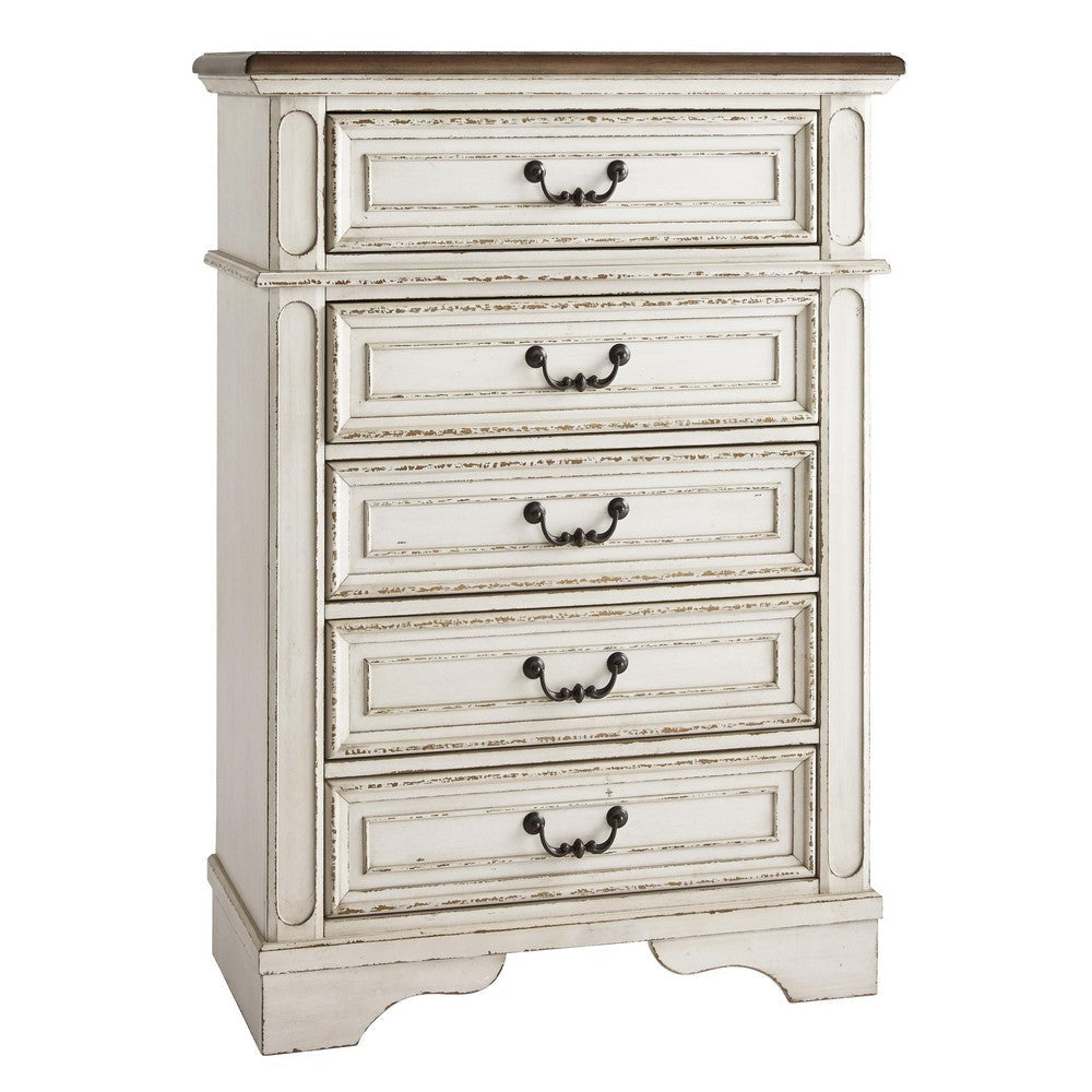 5 Drawer Wooden Chest with Bracket Legs, Antique White By Casagear Home