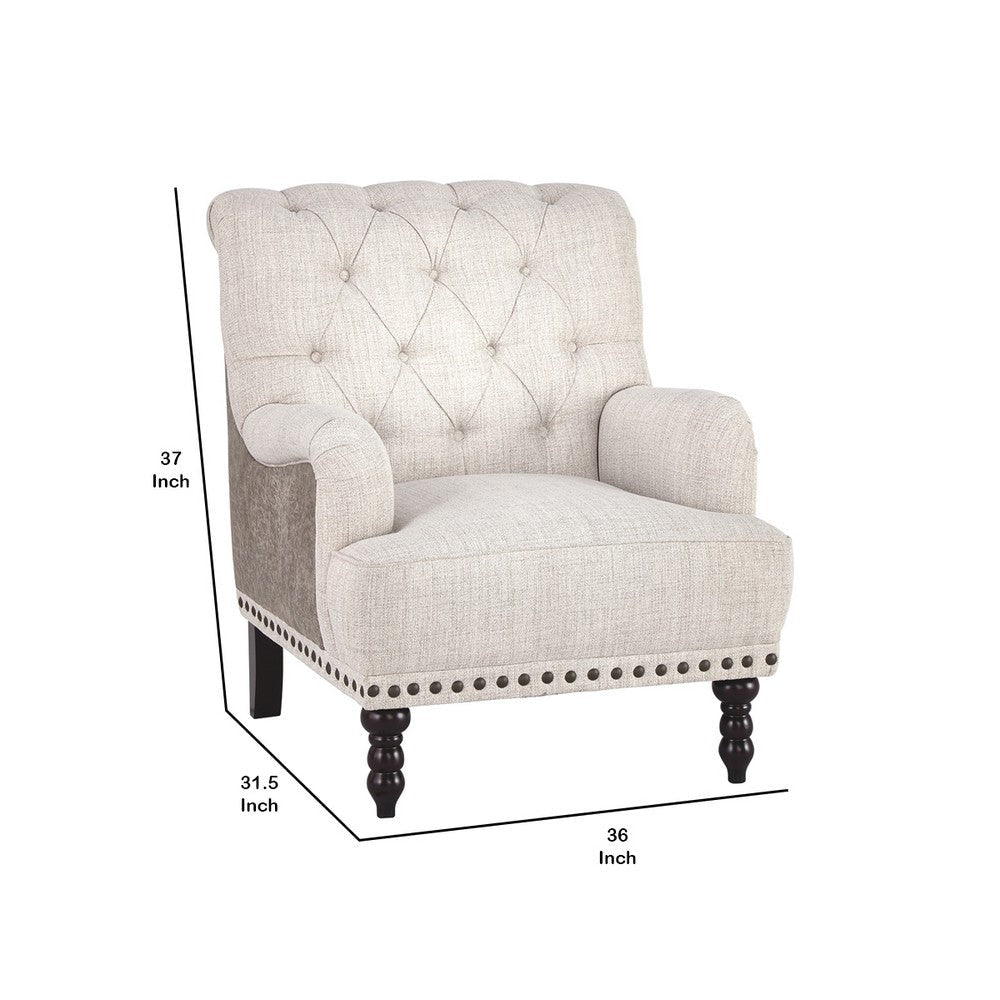 Wooden Accent Chair with Fabric and Faux Leather Upholstery,Gray and Cream By Casagear Home BM207164