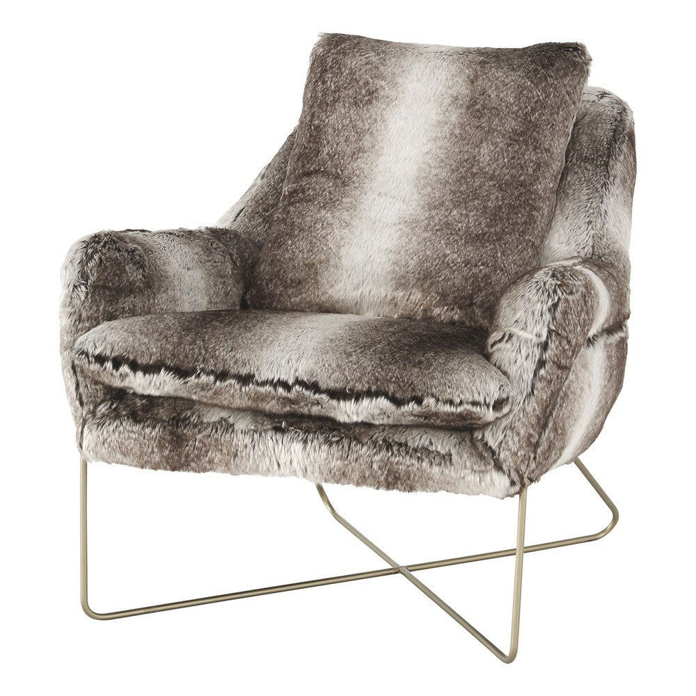 Faux Fur Upholstered Accent Chair with X Style Metal Base, Brown and Silver By Casagear Home