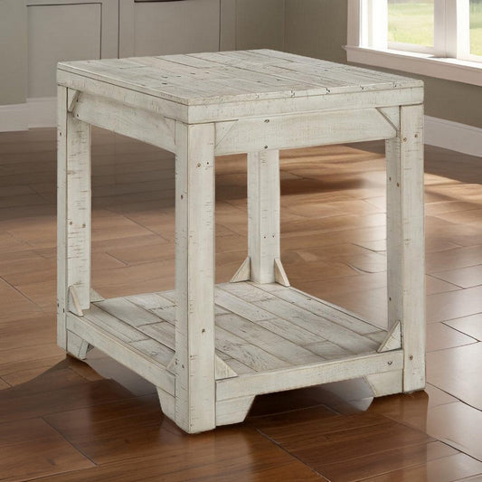 Plank Style End Table with Bottom Shelf, White By Casagear Home