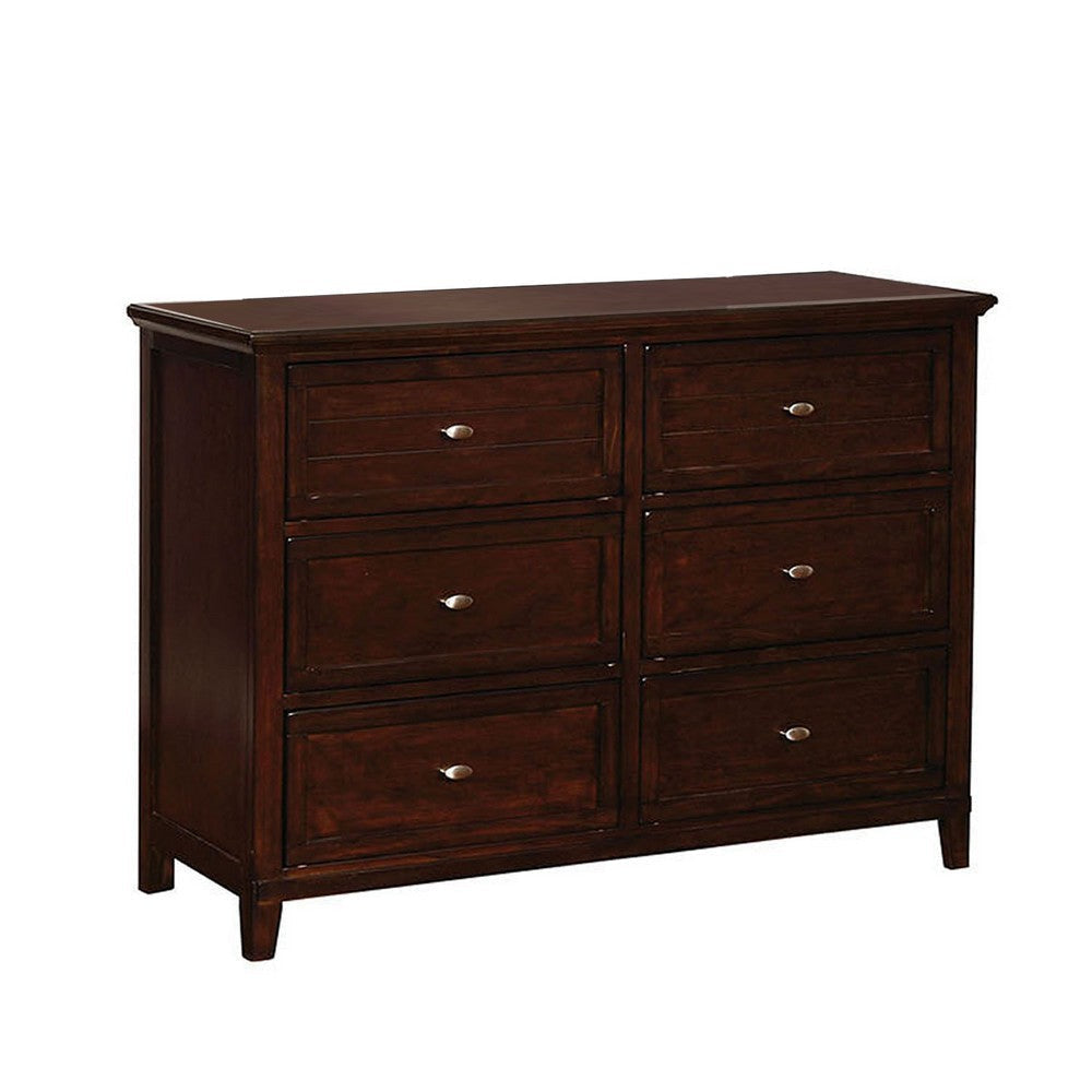 Wooden Dresser with 6 Drawers and Molded Trim Details, Cherry Brown By Casagear Home