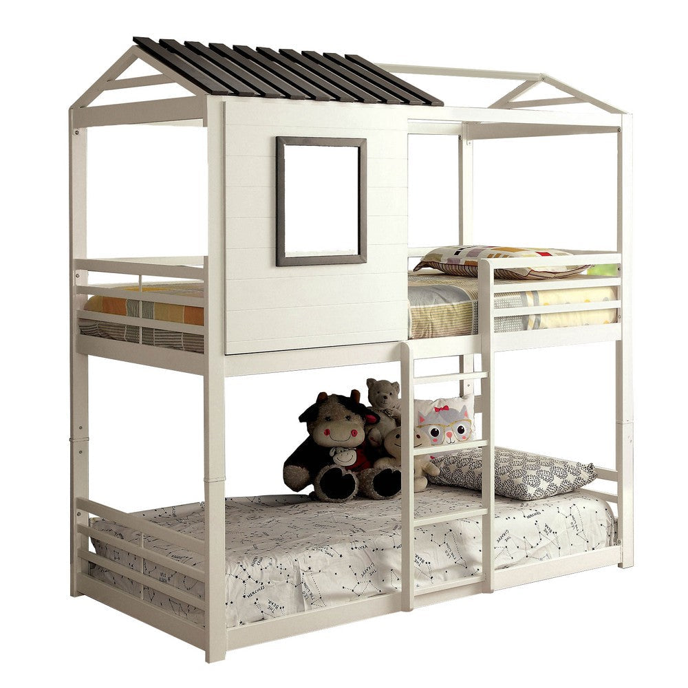 Twin Over Twin Stackable Metal Bunk Bed with Ladder, White and Gray By Casagear Home