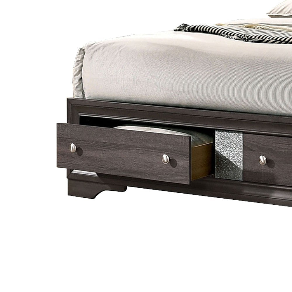 Queen Bed with Plank Headboard and 2 Drawers Brown and Silver By Casagear Home BM207367