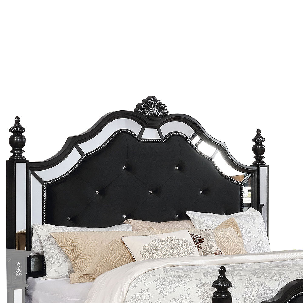 Fabric Upholstered Queen Wooden Bed with Mirror Inserts Black By Casagear Home BM207376