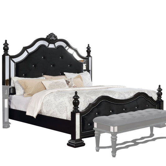 Fabric Upholstered Queen Wooden Bed with Mirror Inserts, Black By Casagear Home