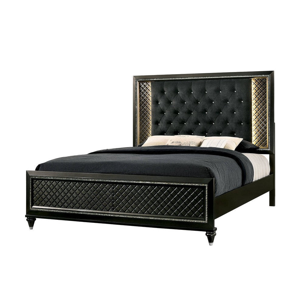 Fabric Upholstered Eastern King Bed with Mirror and LED Trim,Black and Gray By Casagear Home