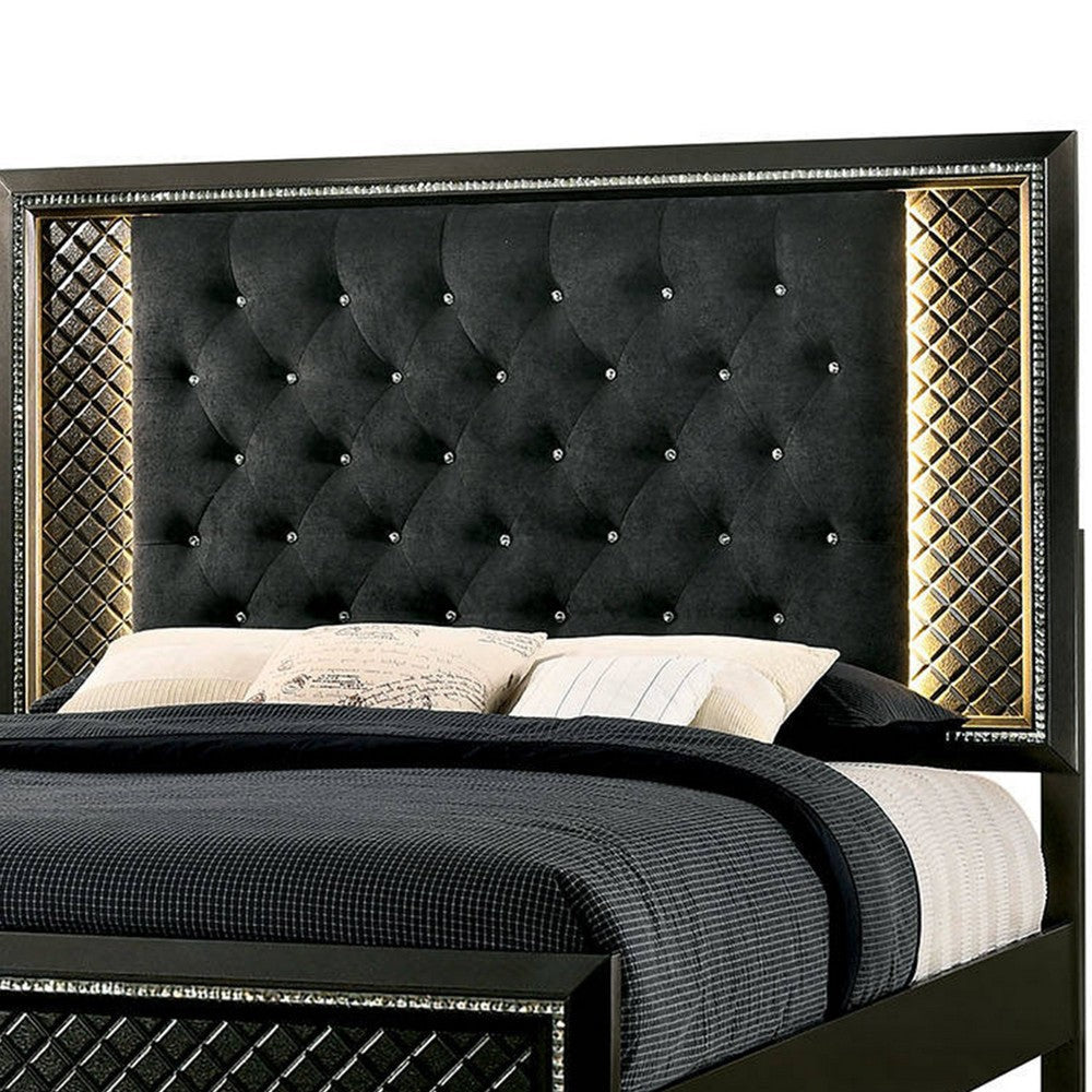 Fabric Upholstered Eastern King Bed with Mirror and LED Trim,Black and Gray By Casagear Home BM207385