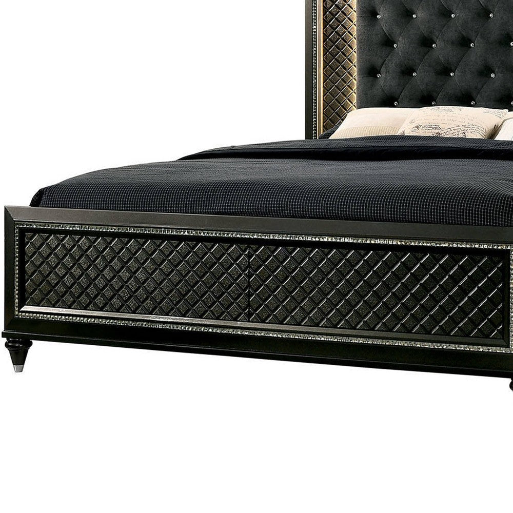 Fabric Upholstered Eastern King Bed with Mirror and LED Trim,Black and Gray By Casagear Home BM207385