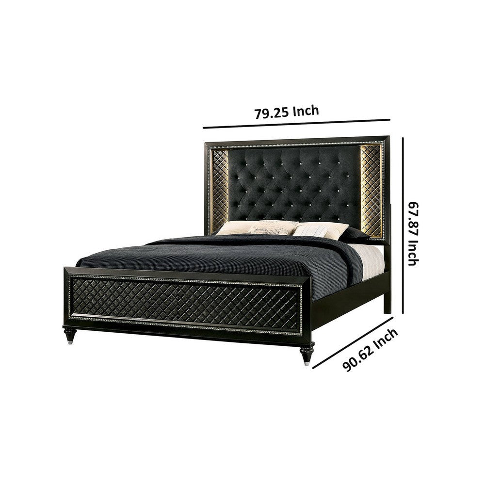 Fabric Upholstered Eastern King Bed with Mirror and LED Trim,Black and Gray By Casagear Home BM207385