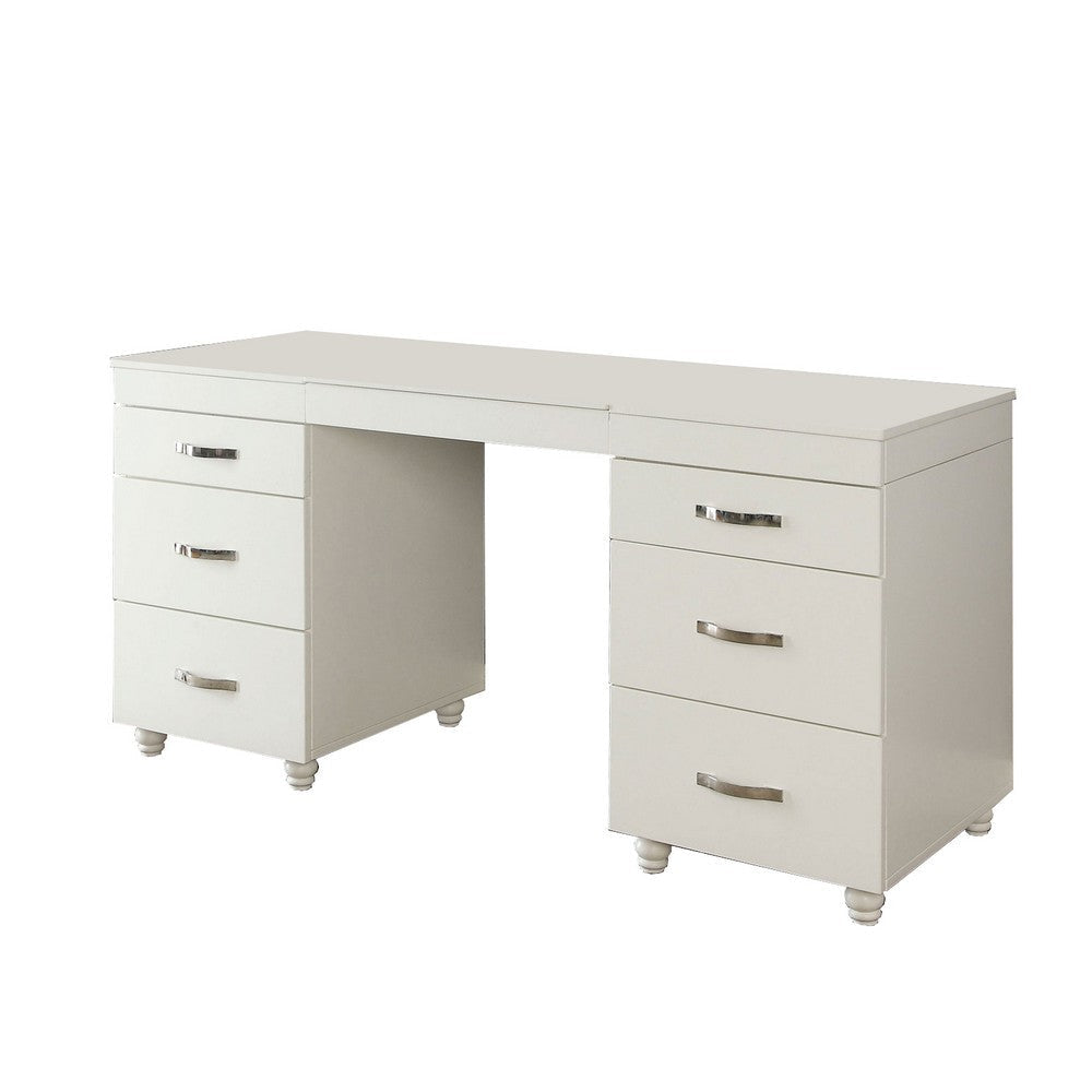 Contemporary 6 Drawer Vanity Desk with Lift Top Mirror, White By Casagear Home