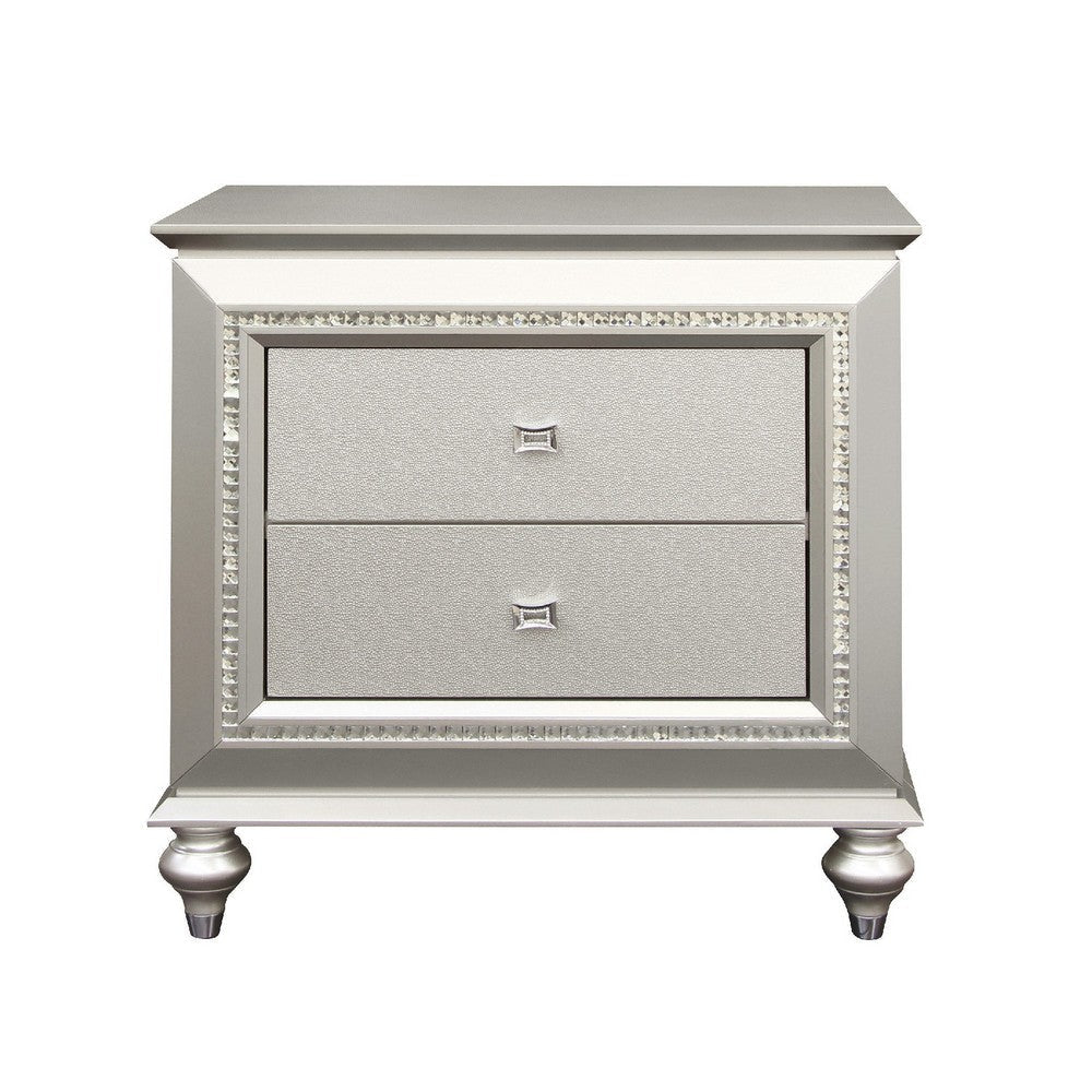 2 Drawer Spacious Nightstand with Mirror Beveled Pulls Silver By Casagear Home BM207486