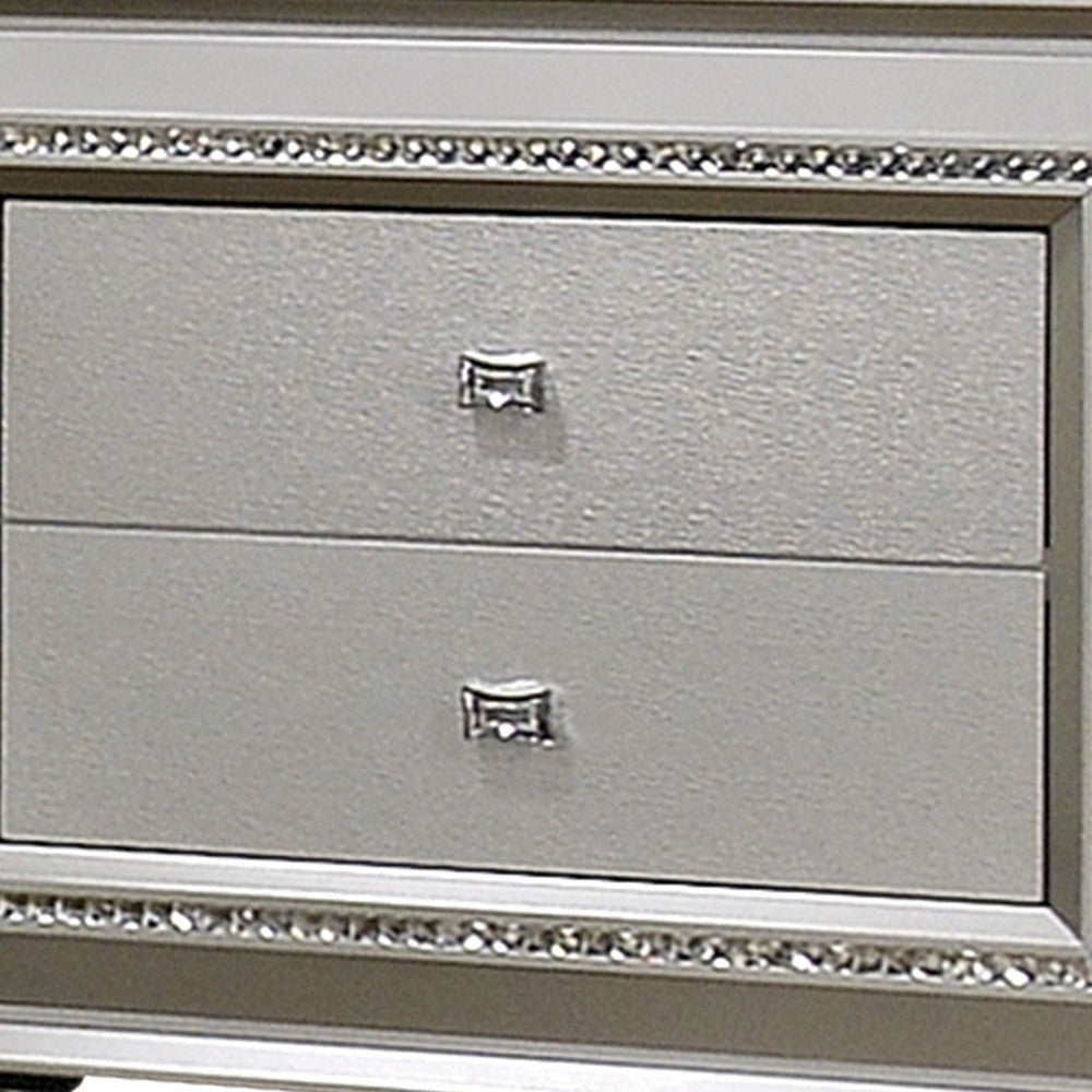 2 Drawer Spacious Nightstand with Mirror Beveled Pulls Silver By Casagear Home BM207486