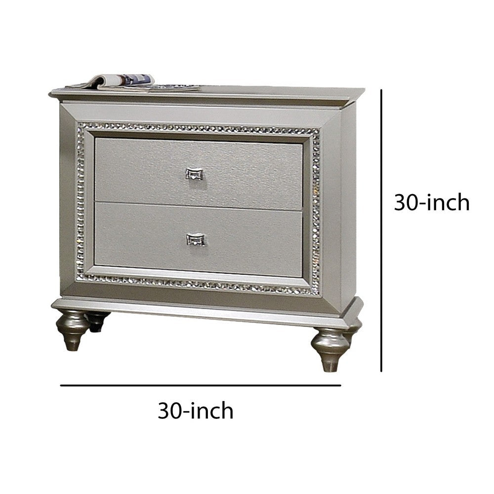 2 Drawer Spacious Nightstand with Mirror Beveled Pulls Silver By Casagear Home BM207486