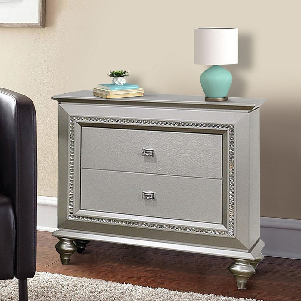 2 Drawer Spacious Nightstand with Mirror Beveled Pulls Silver By Casagear Home BM207486