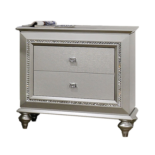 2 Drawer Spacious Nightstand with Mirror Beveled Pulls, Silver By Casagear Home