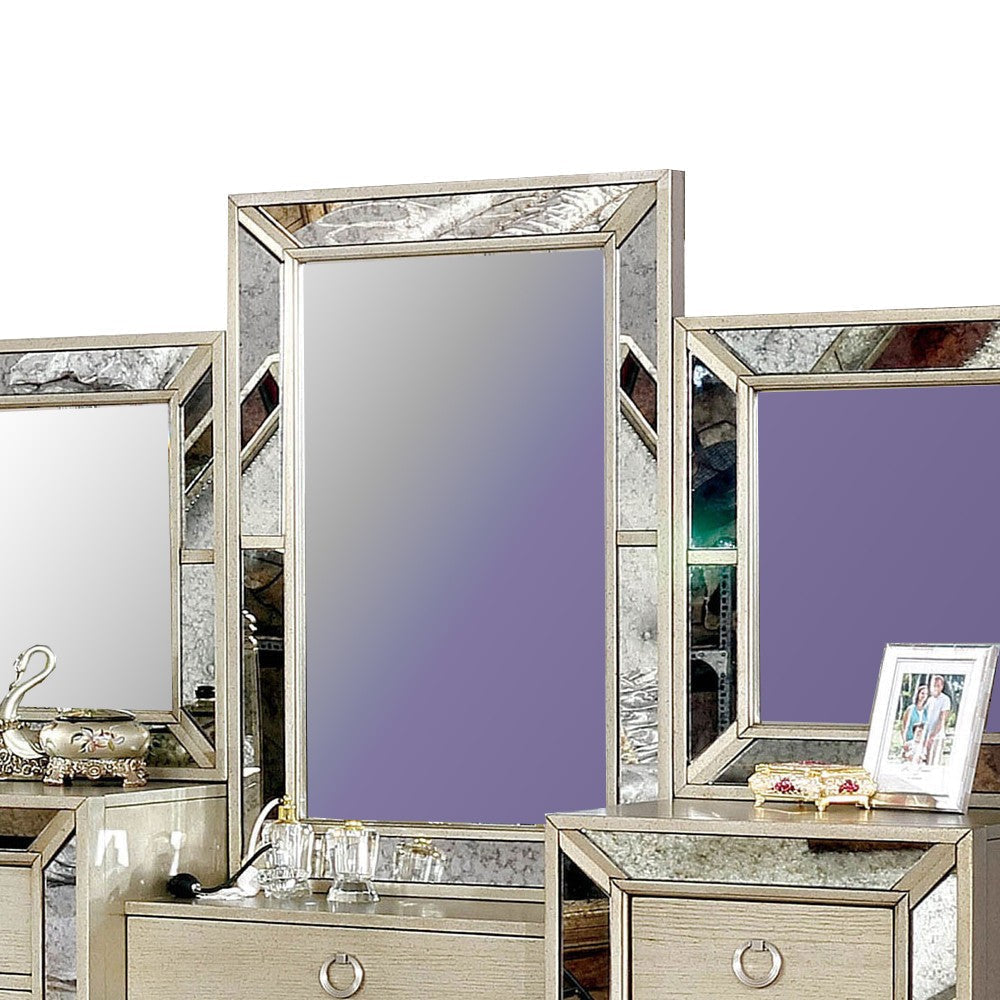 Wooden Vanity Set with Antique Mirror Details and Storage Drawers Silver By Casagear Home BM207552