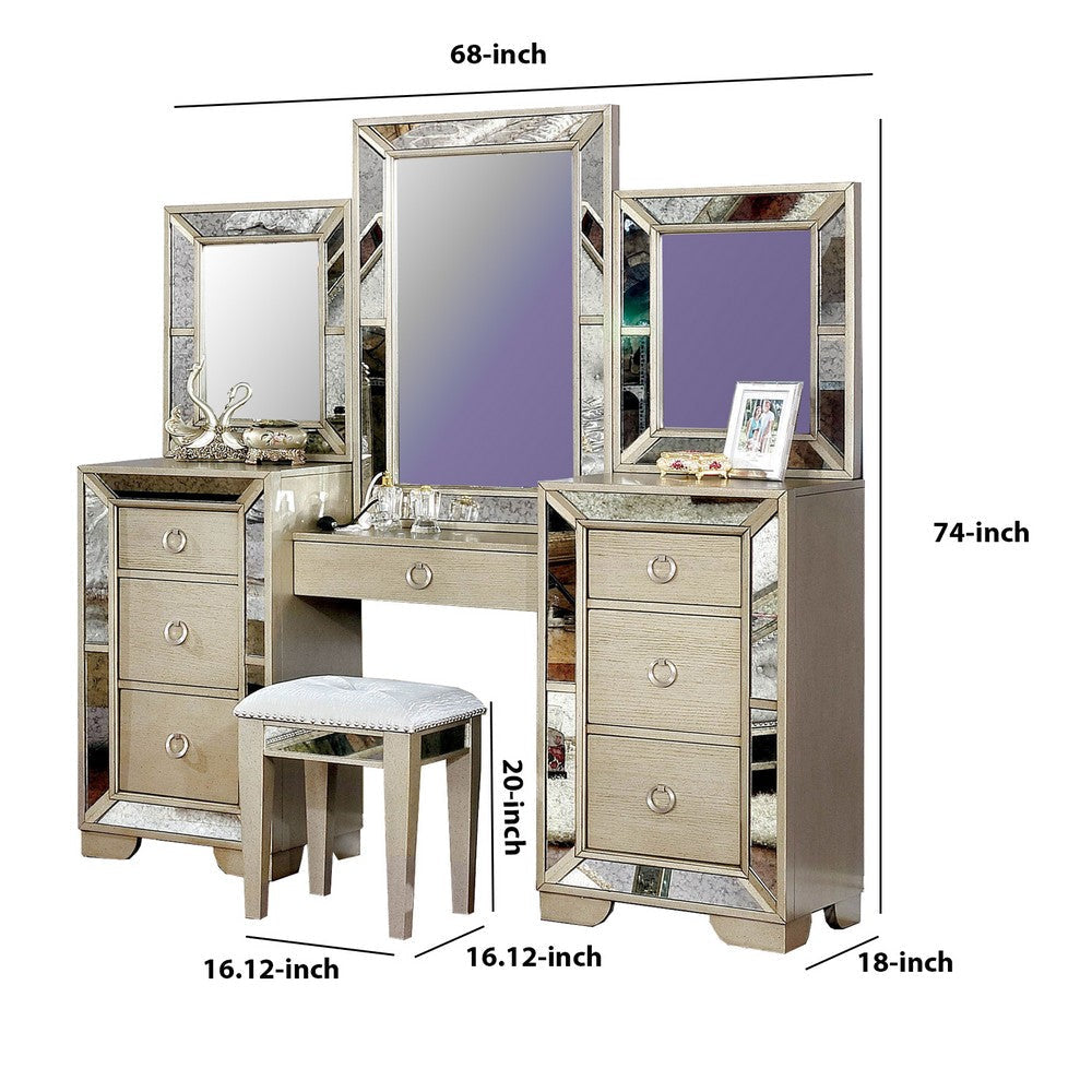 Wooden Vanity Set with Antique Mirror Details and Storage Drawers Silver By Casagear Home BM207552